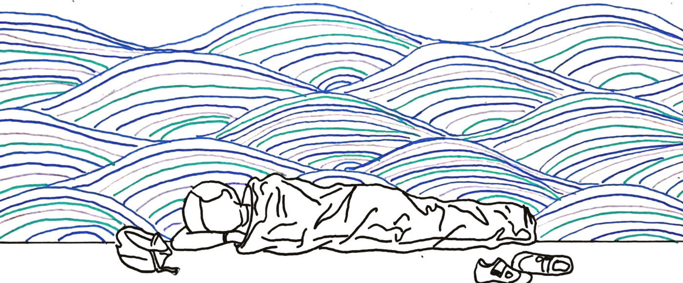 Pen drawing of a rider asleep on a beach at midnight, blue and green waves behind